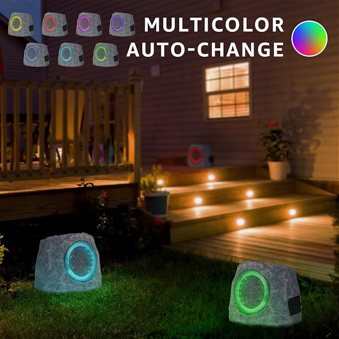 2-Pack Rock Speakers Outdoor Water-Resistant Solar Powered Patio Speaker with 3 Mode Lights and Pair System and USB Rechargeable for Pool Outside Garden Yard Deck