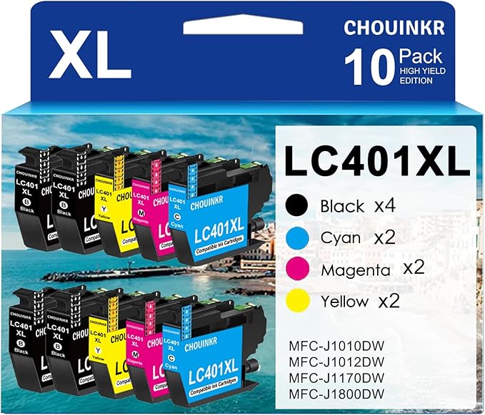 LC401XL Ink Cartridges High Yield Compatible for Brother Printer 401XL LC 401 with Brother MFC-J1010DW MFC-J1170DW MFC-J1012DW (Black Cyan Magenta Yellow, 10 Pack)