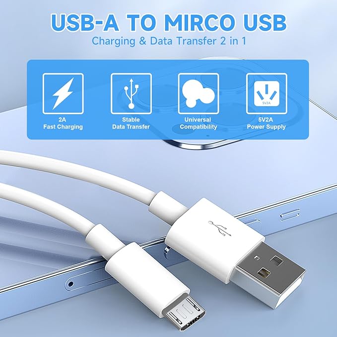 16.4ft 5M Micro USB Cable, Charging and Data Sync Cord for CCTV Home Security Camera Wyze Cam, Echo Dot, PS4 Controller, Fire Kindle, Tablet, Phone and More Micro USB Devices-White