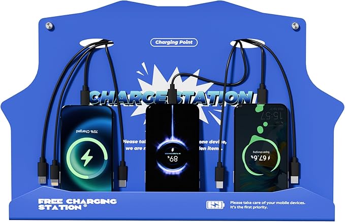 Wall Mounted Cell Phone Charging Station with 8-Port High-Speed Cables – Universal Dock for Apple, Type-C & Android Devices – Ideal for Airports, Hotels, Malls, Offices, Schools (Blue)