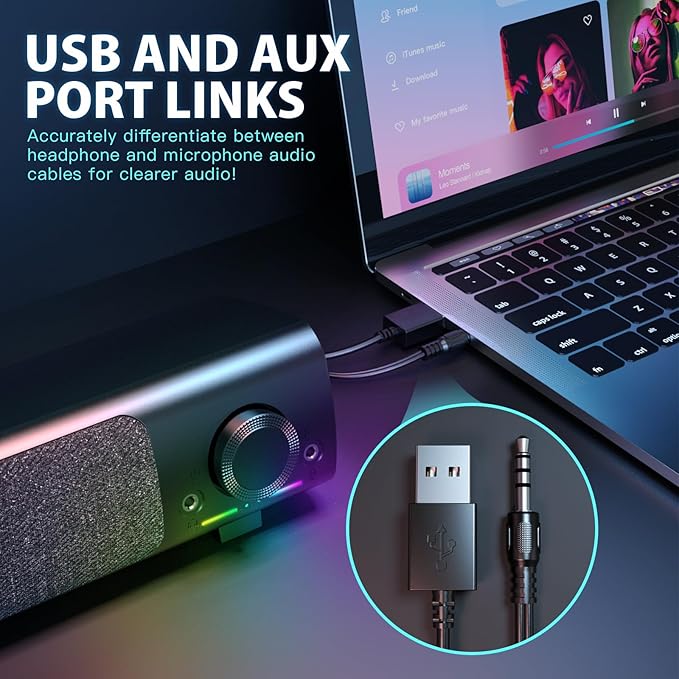 Computer Speakers, USB Powered 3.5mm AUX PC Sound Bar for Desktop Monitor, Gaming Speakers with Headphones & Microphone Link, Superb Stereo Sound, Plug-n-Play (Black)