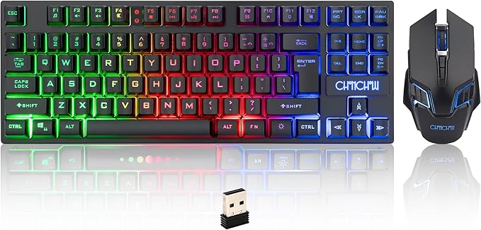 CHONCHOW Wireless Gaming Keyboard and Mouse Combo, Rechargeable 87 Key LED Light Up Keyboard, Ergonomic Wireless Gaming Mouse, Backlit for Xbox PS4 PC Laptop