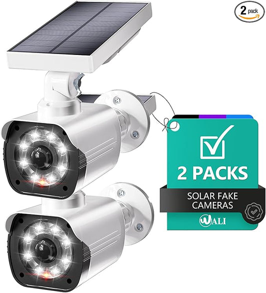 WALI Dummy Fake Camera, Security Camera with Motion Sensor Light, Simulated Surveillance Security CCTV Dome Camera Indoor Outdoor (TCW2-SOL), 2 Packs, White-Solar