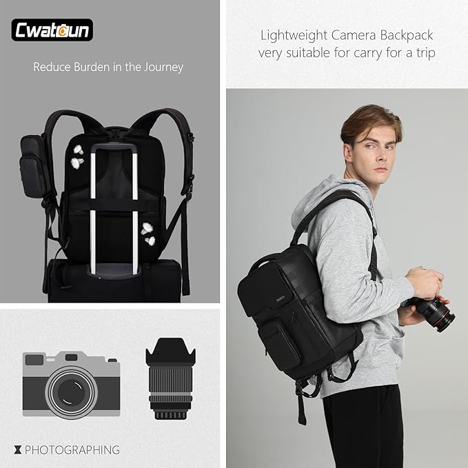 Cwatcun Waterproof Camera Backpack PU Leather Camera Bag with Tripod Holder, 14" Laptop Compartment for Canon Sony Nikon SLR DSLR Mirrorless Camera, Lens, Travel Photography Camera Bag Case