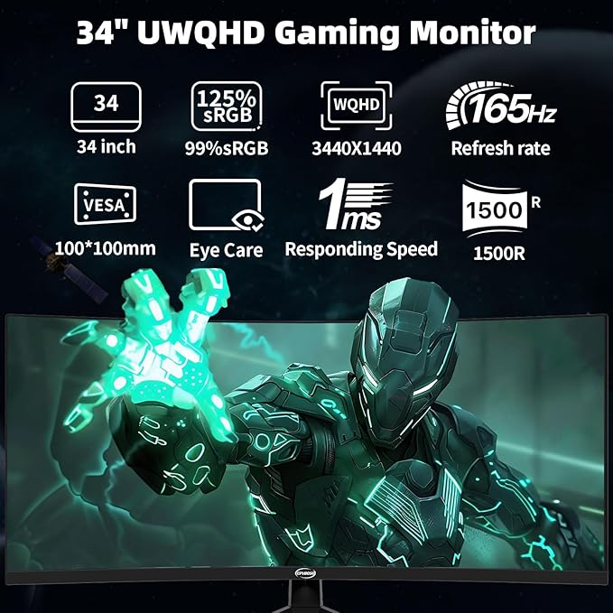 34 Inch Curved Gaming Monitor 4K, (3440x1440) 165Hz Ultrawide Computer Monitor, HDR, 1500R, 125% sRGB, DCI-P3 92%, HDMI/DP and Built-in Speaker Support Wall- Black
