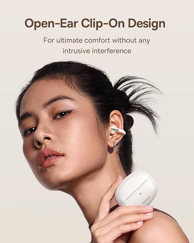 Baseus Bowie MC1 Open Ear Clip-On Earbuds, Adaptive Comfort with Anti-Drop Design, Impactful Sound with Adaptive Bass Boost, Adaptive Noise Cancelling Calls, IP57 Waterproof, 40H Playtime, Lightweight