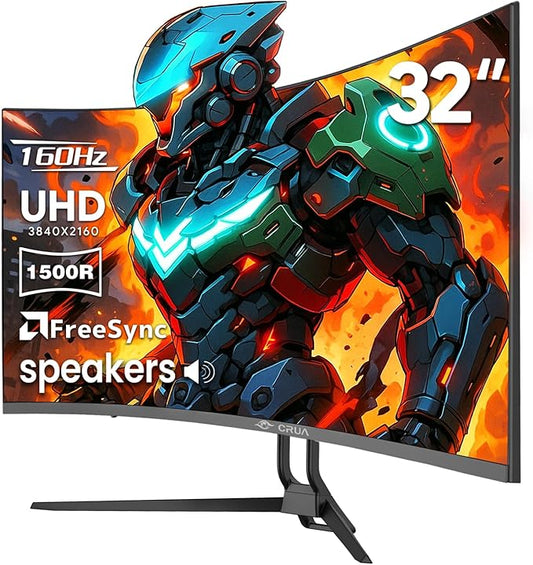 CRUA 32" Curved Gaming Monitor, 4k UHD(3840 * 2160P) VA Screen, 1500R, 144Hz/160Hz Computer Moniter, Supports AMD Freesync, 120% sRGB, Built-in Speakers, Wall Mountable Installs(HDMI 2.1/DP 1.4)-Black