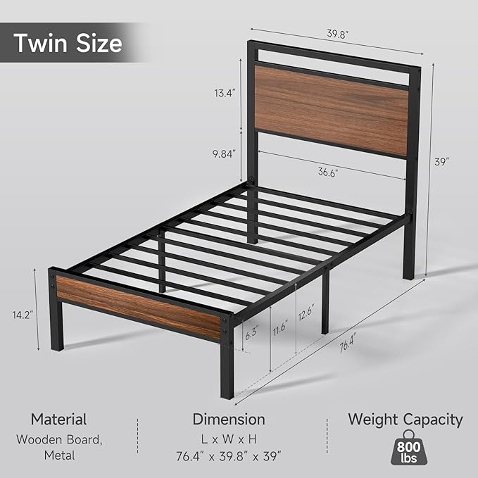 Z-hom Upgraded Twin Bed Frames, Heavy Duty Metal Sturdy Bed Frame Twin Size with Modern Wood Headboard & Footboard, Stable Platform Bed Furniture Bed Storage, No Noise, No Box Springs,Walnut