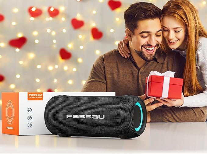 Passau Portable Bluetooth Speakers 40W Peak Loud Stereo Sound, Passive Radiators-Deep Bass, All Day Playtime, Adjustable Strap, BT5.3, IPX5 Wireless Speaker RGB Lights for Indoor Outdoor-Blue