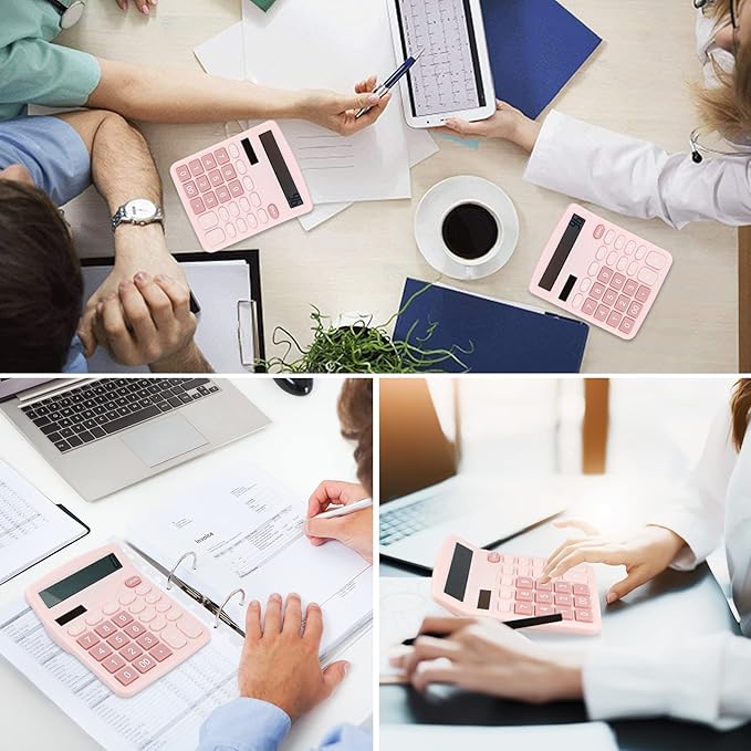 Desk Calculator, Envysun 12-Digit LCD Display Office Calculator – Dual Power, Compact and Lightweight, Easy-to-Read Display, Durable for Business, School, and Home (Pink)