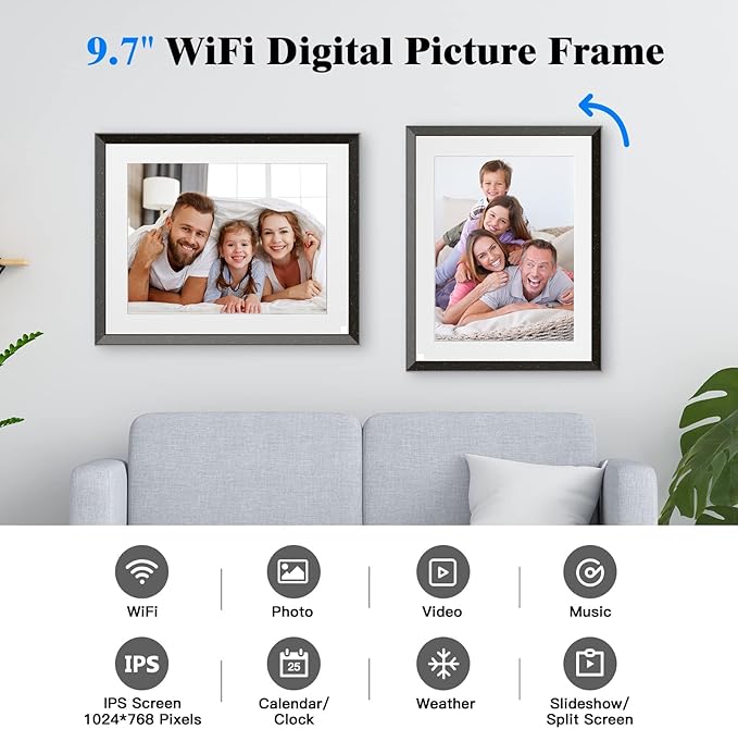 WiFi Digital Picture Frame 9.7 Inch Digital Photo - WiFi Smart Digital Frame with Touch Screen, 32GB Memory, Motion Sensor, Send Pics and Video via App from Anywhere, Best Gift for The Important Day