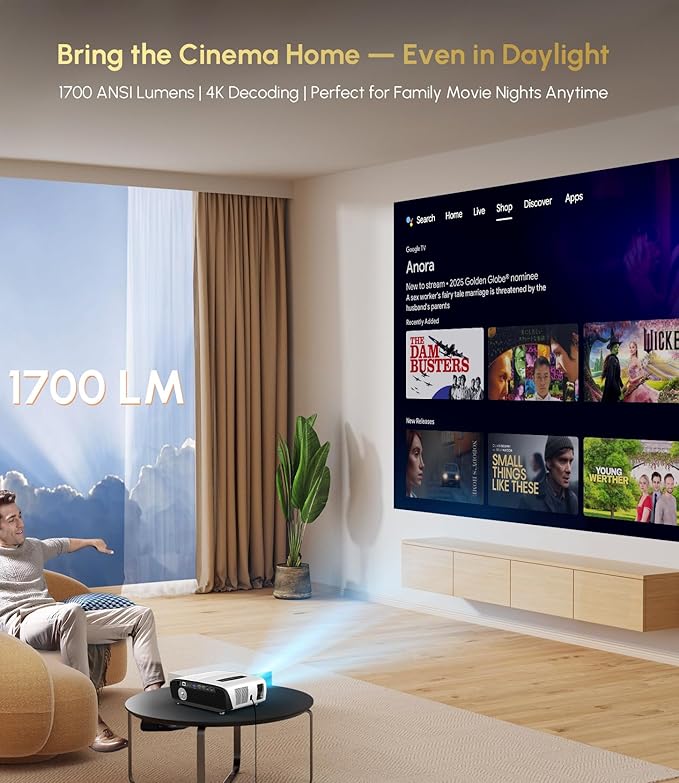 Ultra HD 4K Google TV Projector HDR10+ 1700 ANSI High-Bright Home Theater Projector, ToF Laser Auto Focus, WiFi6 Bluetooth, Shorter Throw, Dolby Audio, 30W Speaker, NFC Screencast for Outdoor Night
