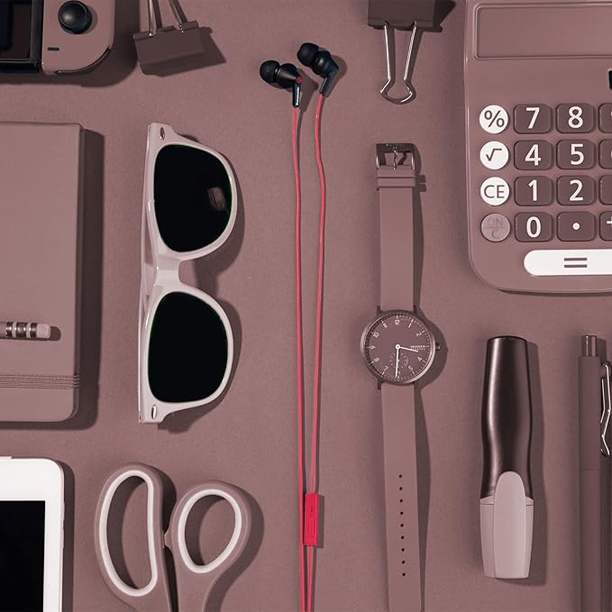 Panasonic ErgoFit Wired Earbuds With Microphone, 3.5mm Jack Headphones with Mic and Call Controller, Ergonomic Custom-Fit Earpieces (S/M/L), for Phones and Laptops - RP-TCM125-KB (Matte Black/Red)