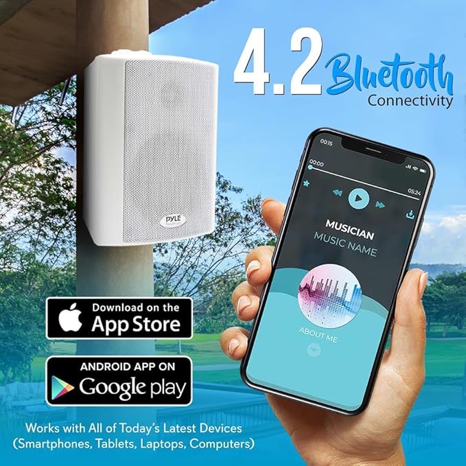 Pyle Wall Mount Home Speaker System - Active Passive Mountable Bookshelf Indoor Studio Garage Patio Stereo Sound Home Theater, Wireless Bluetooth Speaker Set W/Aux & RCA, White