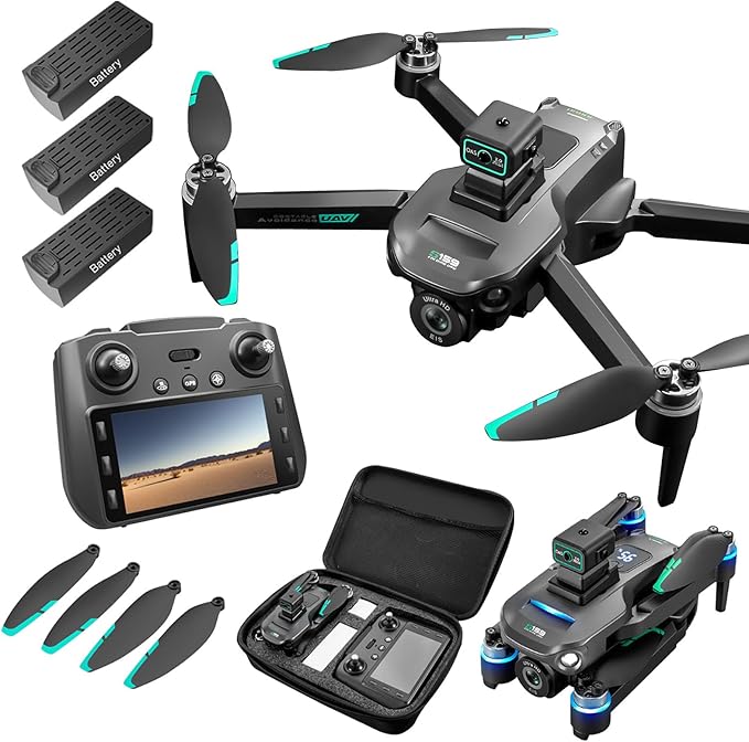 Drone with Camera 4k, GPS HD Drones for Adults, Remote Controller with Screen, Obstacle Avoidance, Brushless Motor FPV, 5G Transmission, 3 Battery, Professional (3 Battery+Black)