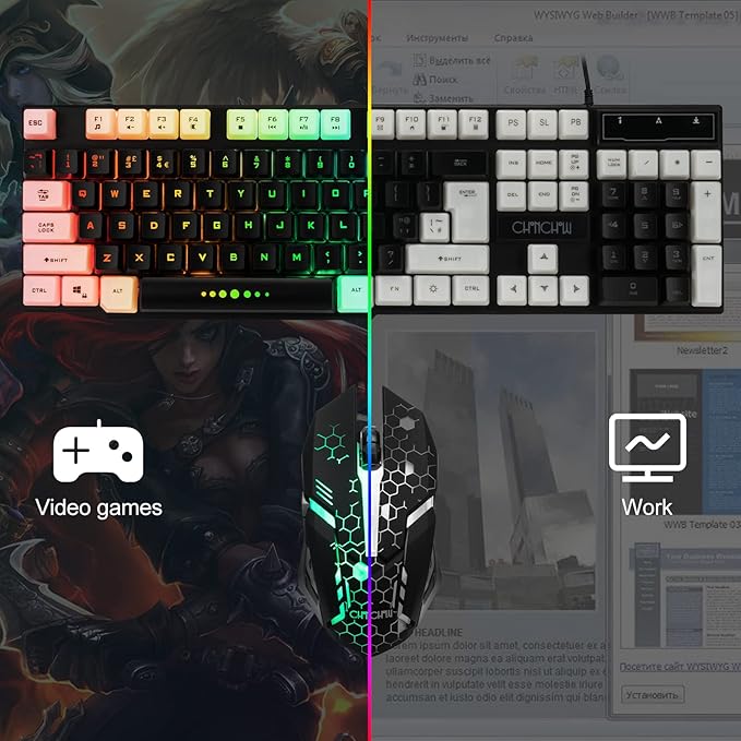 CHONCHOW Gaming Keyboard and Mouse Combo,USB Wired 104-Keys Full Size Light Up Keyboard Mic 3600DPI Rainbow Backlit Mechanical Feeling Compatible with PC Xbox Mac OS Game and Work