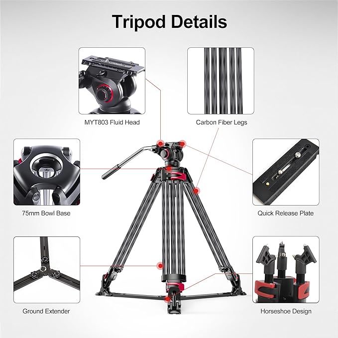 miliboo MTT609B Carbon Fiber Tripod Professional Tripods with Infinitely Damped Head,Video Tripod for Photography, Live Streaming, Videography,Working Height 33.5''-66'',33lbs Max Load,Customizable