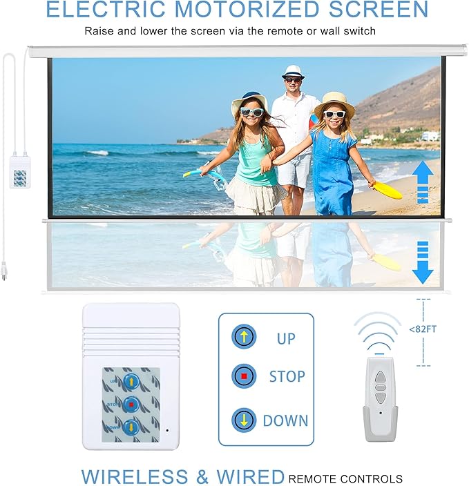 Kayle 120" Motorized Projector Screen Electric Diagonal Automatic Projection 16:9 HD Movies Screen for Home Theater Presentation Education Outdoor Indoor W/Wireless Remote, Wall/Ceiling Mount (White)