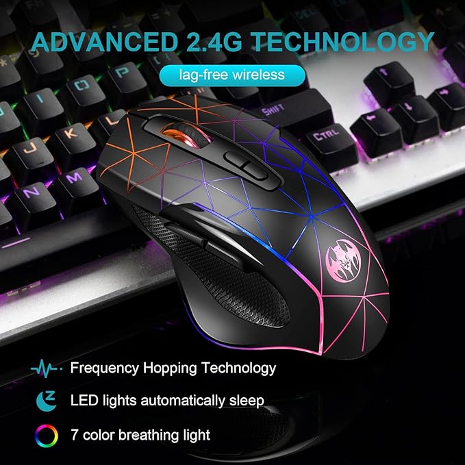 VEGCOO Wireless Gaming Mouse, Rechargeable Mice 3 Level DPI With Colorful Led Lights, Silent 7 Buttons Gaming Wireless Mouse With Side Buttons & Thumb Rest, Computer Gamer Mouse PC/Mac, Laptop/Desktop