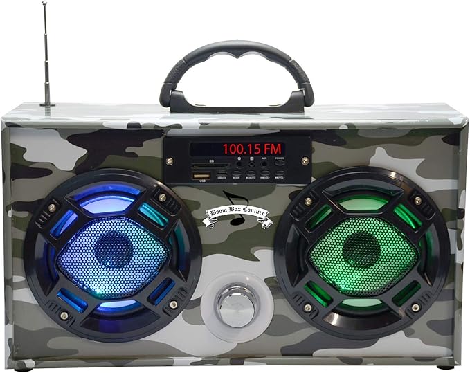 Mini Boombox with LED Speakers – Retro Bluetooth Speaker w/Enhanced FM Radio - Perfect for Home and Outdoor (Green Camo)