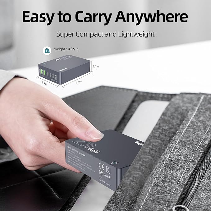 220W USB C Charger Block, 6-Port GaN USB C Charging Station PD 100W PC Laptop Fast Charger Adapter Compatible with iPhone 16, Galaxy 25, MacBook,ipad and More Devices(Gray)