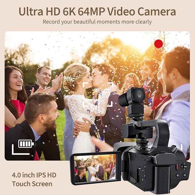 6K Video Camera Camcorder 64MP IR Night Vision Vlogging Camera for YouTube 18X Digital Zoom 4.0" Touch Screen Digital Camera with WiFi, Microphone, Charger, Stabilizer, Remote Control and 64GB SD Card