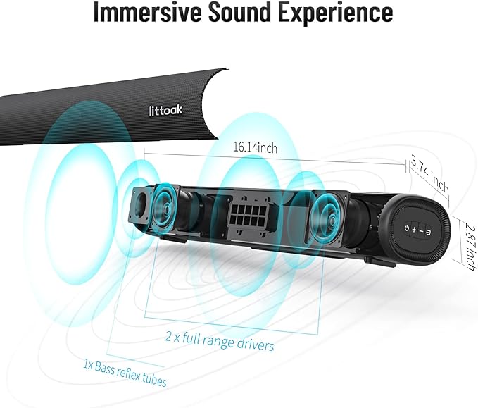 Sound Bar for TV, Bluetooth 5.0 Soundbar, 50 Watt 16 Inch Soundbars for Home Audio, Gaming, Projectors, TV Speakers Supports HDMI ARC/Optical/RCA/USB/AUX/Coax in Connection, Wall Mountable