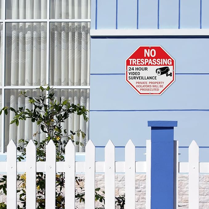 GicnKeuz Video Surveillance Sign, No Trespassing Signs Private Property Sign, 10x10 Inches Reflective Aluminum, Weather Resistant, Waterproof (4 pack)