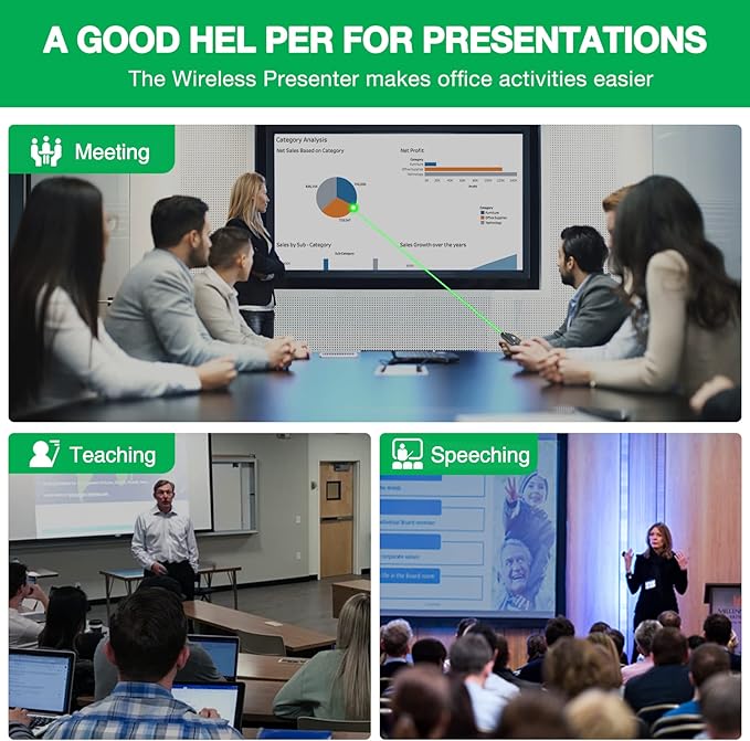 Rechargeable Presentation Clicker Wireless Presenter Remote USB Control Powerpoint PPT Clicker,Green Laser Pointer RF 2.4GHz Presenter Remote Google Slide Advancer for Computer/Laptop/Mac/Keynote
