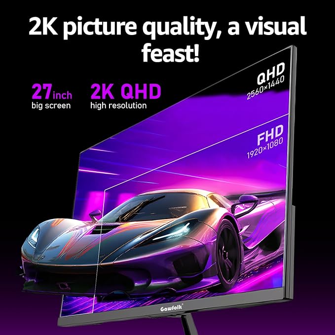 Gaming Monitor 27 inch QHD IPS, PC Screen 120Hz 2K (2560×1440P), Ultra-Thin Zero Frame Computer Display for Home Office Business, DP, HDMI, Wall-Mounted