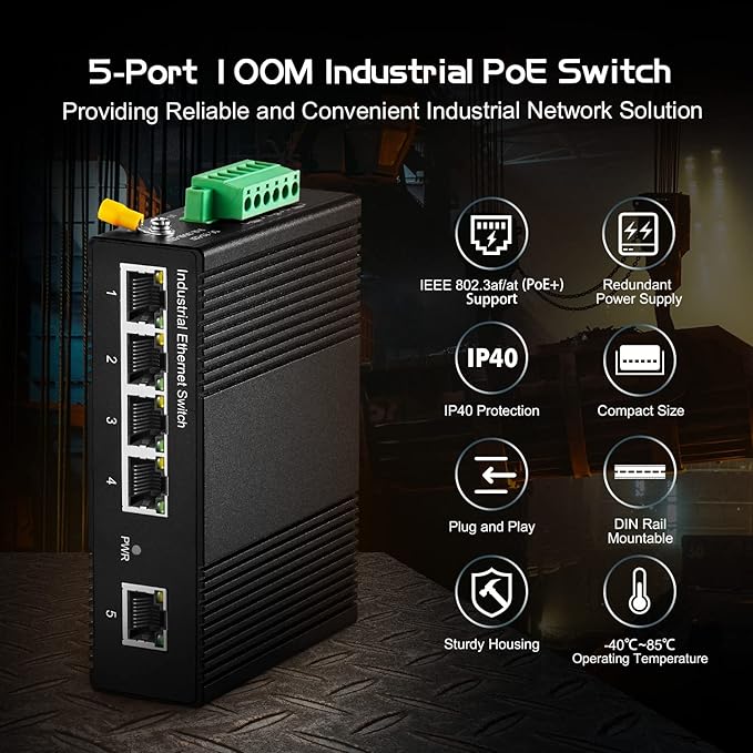 5 Port PoE Industrial Ethernet Switch, 4 POE IEEE802.3af/at, 1 Uplink, 10/100Mbps, Fanless Metal Din Rail and Wall Mount, with One 60W PoE Power Supply