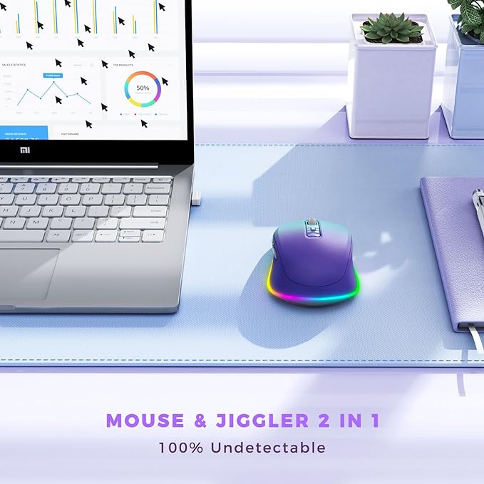 Wireless Mouse Jiggler - LED Wireless Mice with Build-in Mouse Jiggler Mover, Rechargeable Moving Mouse for Computer with Undetectable Random Movement Keeps Computer Awake - Gradient Purple