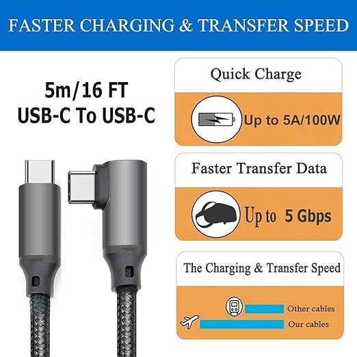 Link Type-C Cable 16ft for Meta Quest Pro/Quest 2 Cable, Streaming VR Game and Charging High Speed Data Transfer & Fast Charger Cord 90 Degree Angled USB-C to C Power Cable (16ft / 5m)