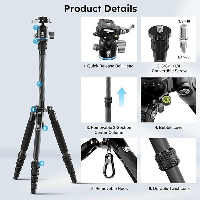 SIRUI Carbon Fiber Travel Tripod - Lightweight 55.1" Compact Tripod with 360° Panorama Ball Head, Quick Release Plate (AM-025K+KS-5)