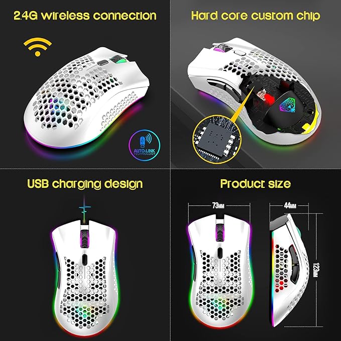 VEGCOO Wireless Gaming Mouse, Silent Click Wireless Rechargeable Mouse with Colorful LED Lights and 3 Level DPI 400mah Lithium Battery for Laptop and Computer (C23 White)