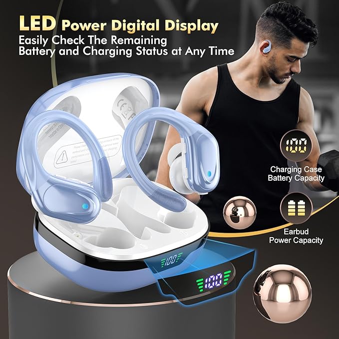 Wireless Earbuds, Sports Bluetooth Headphones, 80Hrs Playtime Ear Buds with LED Power Display, Noise Canceling Headset, IPX7 Waterproof Earphones for Workout/Running (Blue)