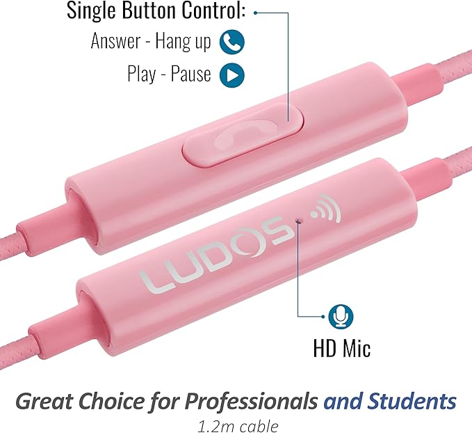 LUDOS Clamor Wired Earbuds in-Ear Headphones, 5 Years Warranty, Earphones with Microphone, Noise Isolating Ear Buds, Memory Foam for iPhone, Samsung, School Students, Kids, Women, Small Ears - Pink