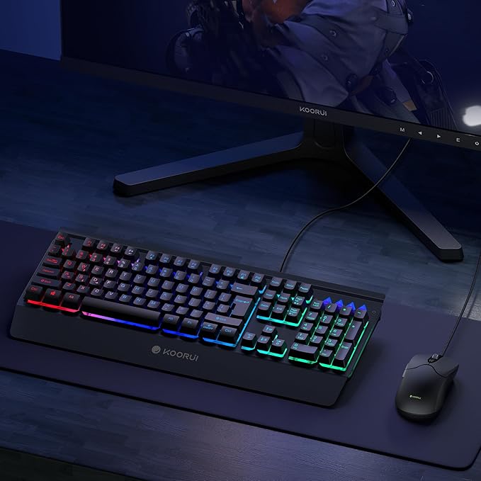 KOORUI Wired 104 Keys Gaming Keyboard and Mouse Combo,Rainbow Backlit Quiet Computer Keyboard, Light Up Keyboard with All-Metal Panels & 3200 DPI Mouse for Window PC Gamers-Black
