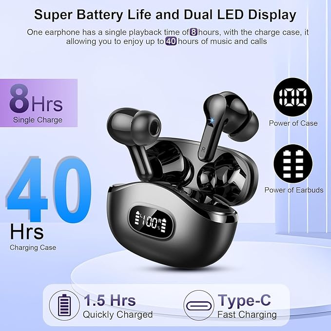 Wireless Earbuds, 2025 Bluetooth Headphones 5.3 HiFi Stereo Ear buds with ENC Noise Cancelling Mics, 40H Bluetooth Earbuds with Dual LED Display Charging Case, IP7 Waterproof Earphones for Android iOS