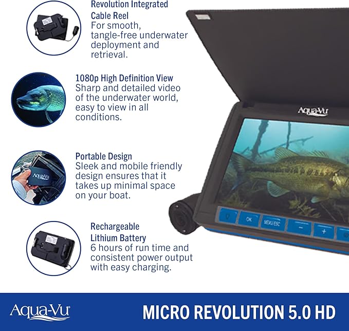 Aqua-Vu Micro Revolution 5.0 HD Underwater Fishing Camera – Portable 5" LCD, 1080p Video, 60' Cable, IR Light, Revolution Spool – Ice Fishing, Kayak Fishing, Sonar & Fish Finder Companion