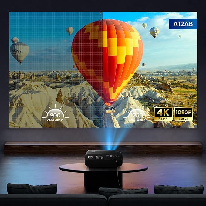 1250 ANSI Smart 4K Daytime Projector with WiFi Bluetooth 2 HDMI ARC Apps Auto Focus Zoom Ceiling Proyector Audio Out for Daylight Home Theater Laptop Phone PC TV Movie Gaming Presentation Living Room