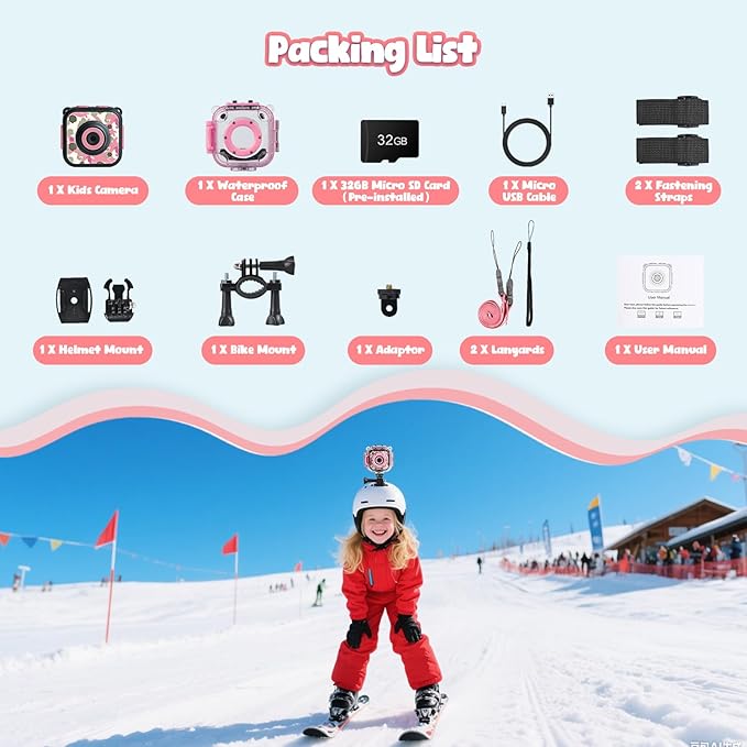 PROGRACE Kids Waterproof Camera Girls - Kids Video Camera Underwater 1080P HD Children Camcorder Digital Cameras for Girls Christmas Birthday Toys Gifts 3 4 5 6 7 8 9 10 11 12 Year Old