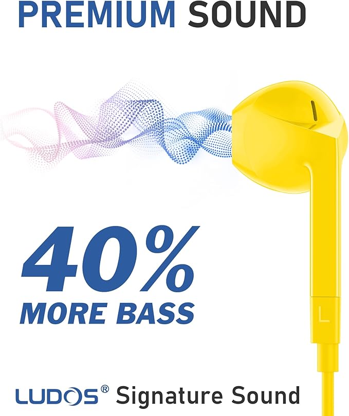LUDOS FEROX Wired Earbuds in-Ear Headphones, 5 Years Warranty, Earphones with Microphone, Noise Isolation Corded for 3.5mm Jack Ear Buds for iPhone, Samsung, Laptop, Kids, School Students - Yellow
