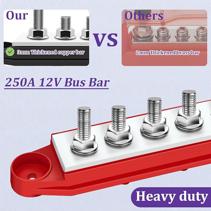 250A 12V Bus Bar Marine Power Distribution Block with Cover with 4 x 3/8”Post 6 x #8 Screws Terminals,Battery Bus Bar (Pair, Red & Black),Automotive Busbars 12 Volt for Car Boat Solar Wiring