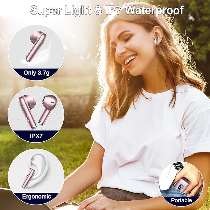 Wireless Earbuds, in Ear Headphones with 4 ENC Mics, Bluetooth 5.4 Ear Buds Hi-Fi Stereo, 36H Playtime Earphones with USB-C Charging Case, 3g Lightweight, IP7 Waterproof Headset for Work/Running