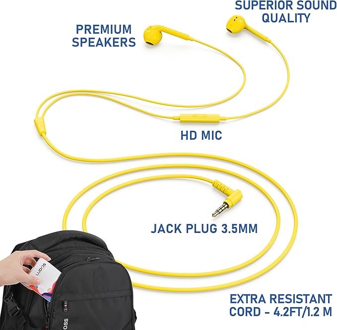 LUDOS Zenith Wired Earbuds in-Ear Headphones, 2 Years Warranty, Earphones with Microphone, Corded for 3.5mm Jack Ear Buds for iPhone, Samsung, Computer, Laptop, Kids, School Students, Woman - Yellow