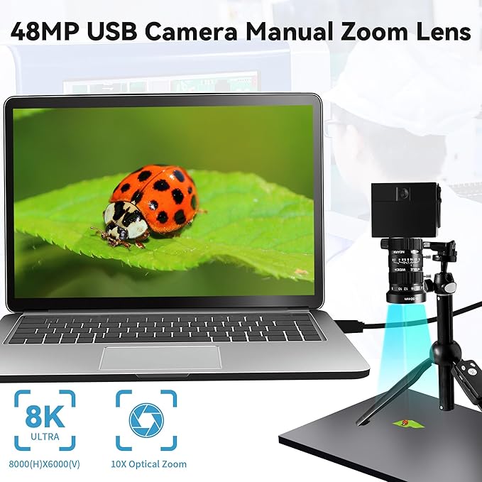 48MP USB Webcam 8K Ultra HD Color Camera with 5-50mm 10X Manual Optical Lens 6000P Industrial Security Video Camera Close-Up Zoom Function Plug-and-Play for Windows, Linux, Mac OS