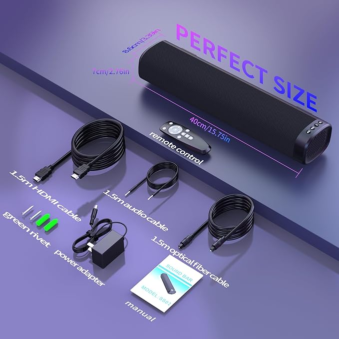 Sound Bar for Smart TV, Bluetooth Sound bar for TV with Optical/AUX/HD ARC, 50w Surround Sound Speakers, Surround Sound System for TV/PC/Gaming/Projectors, Wall Mountable PC Soundbar