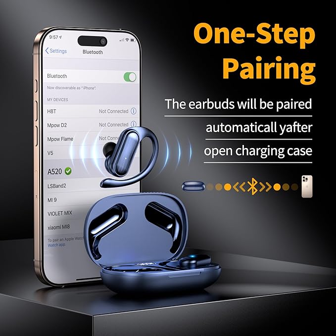 Wireless Earbuds, Bluetooth Headphones 80hrs Play Back Sport Earphones with LED Display Over-Ear Buds with Earhooks Built-in Mic IPX7 Waterproof Headset for Workout Grey-Dark Blue