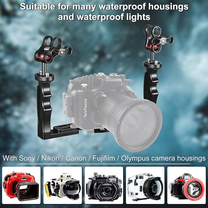 MINIFOCUS Underwater Camera Handle Tray Bracket, Dual Handle Extendable Aluminum Alloy Video Stabilizer Holder with 2 1'' Ball Clamp Mount for Underwater Camera Diving Housings
